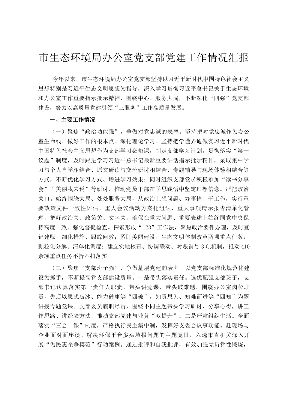 市生态环境局办公室党支部党建工作情况汇报_第1页