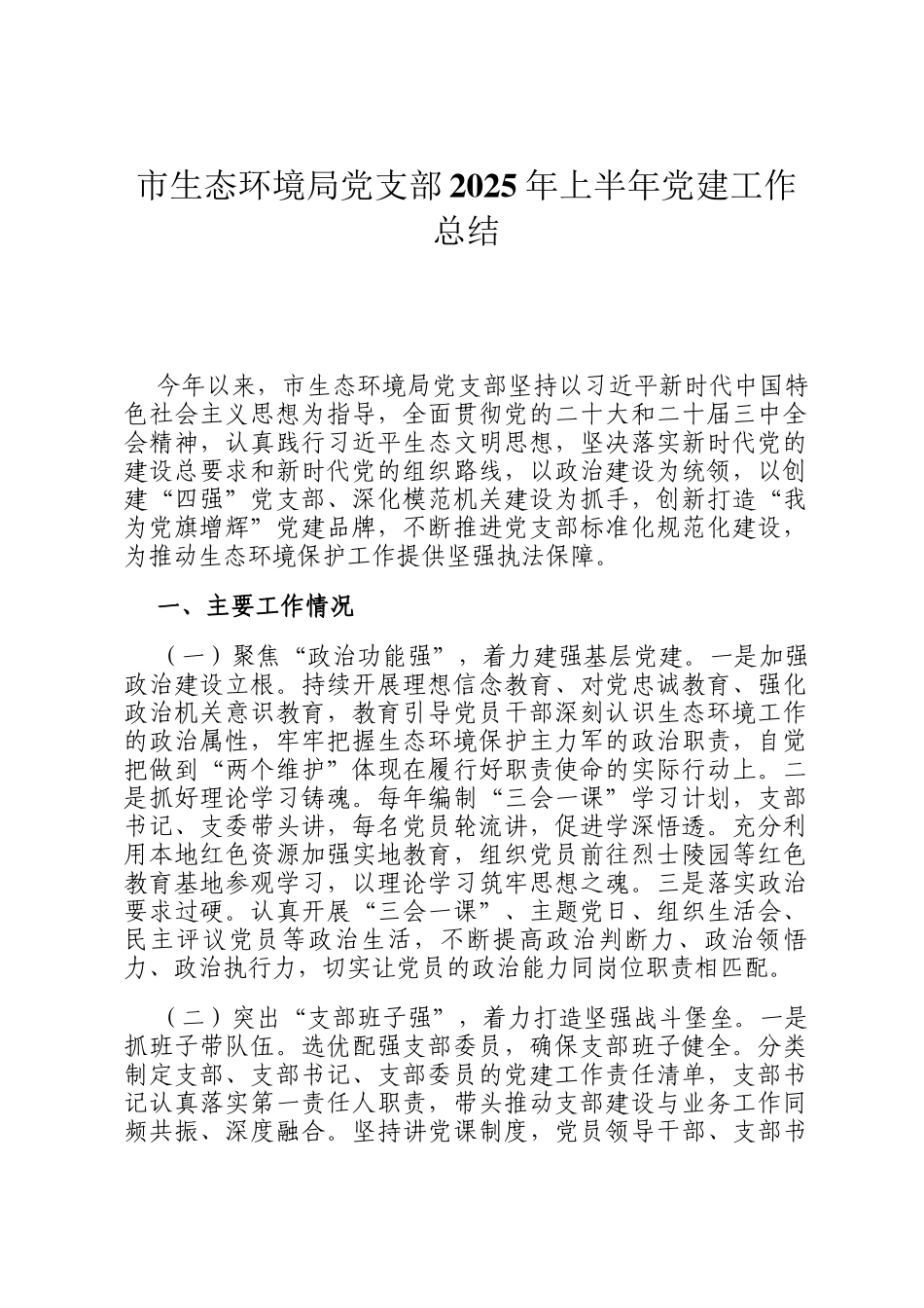 市生态环境局党支部2025年上半年党建工作总结_第1页