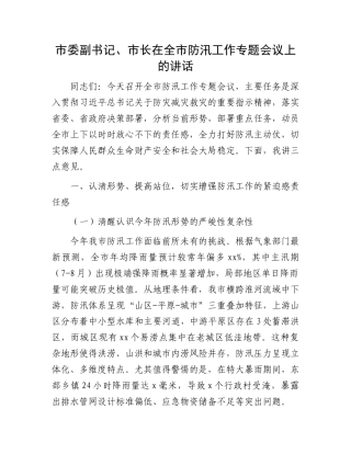 市委副书记、市长在全市防汛工作专题会议上的讲话