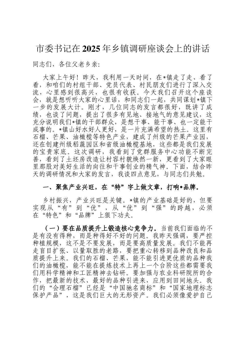 市委书记在2025年乡镇调研座谈会上的讲话_第1页