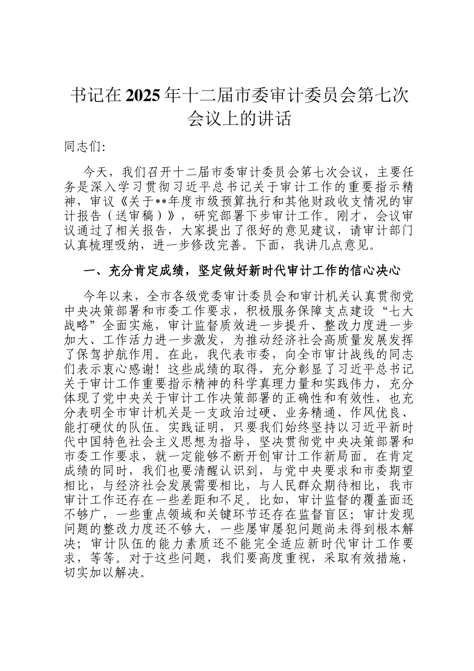 书记在2025年十二届市委审计委员会第七次会议上的讲话_第1页