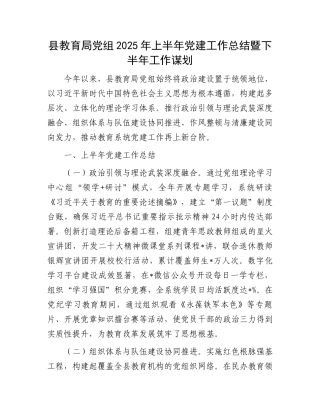 县教育局党组2025年上半年党建工作总结暨下半年工作谋划