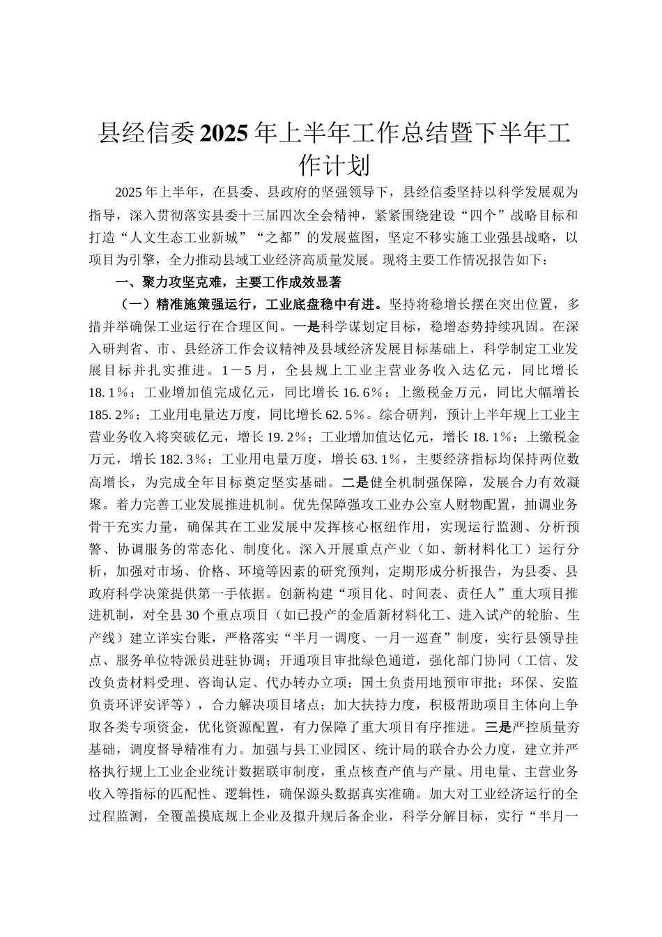 县经信委2025年上半年工作总结暨下半年工作计划_第1页