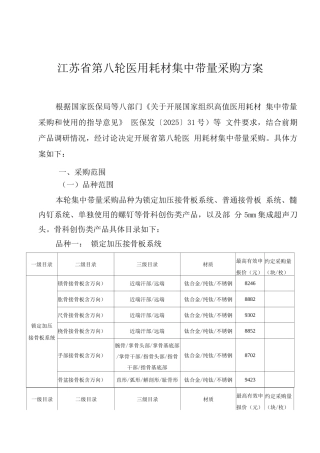 江苏省第八轮医用耗材集中带量采购方案