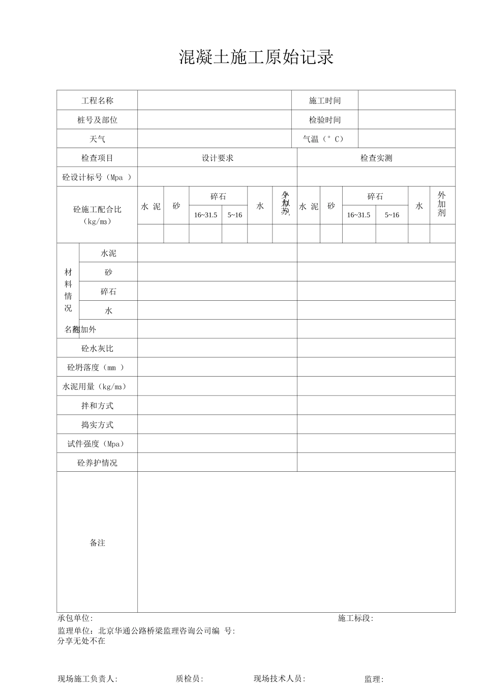 混凝土施工原始记录_第1页