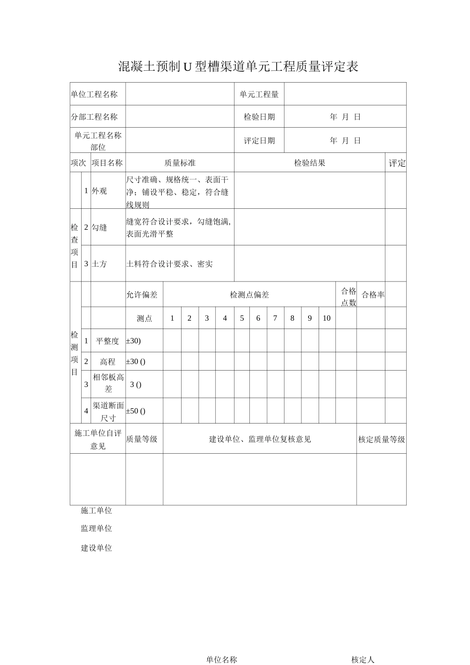 混凝土预制U型槽单元工程质量评定表_第1页
