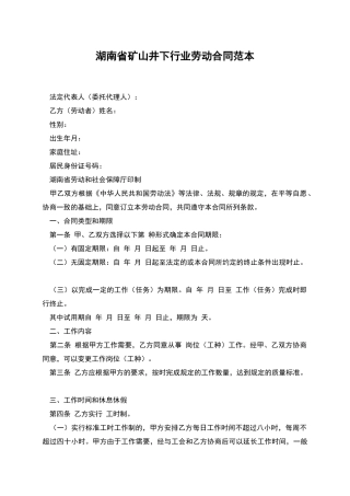 湖南省矿山井下行业劳动合同范本