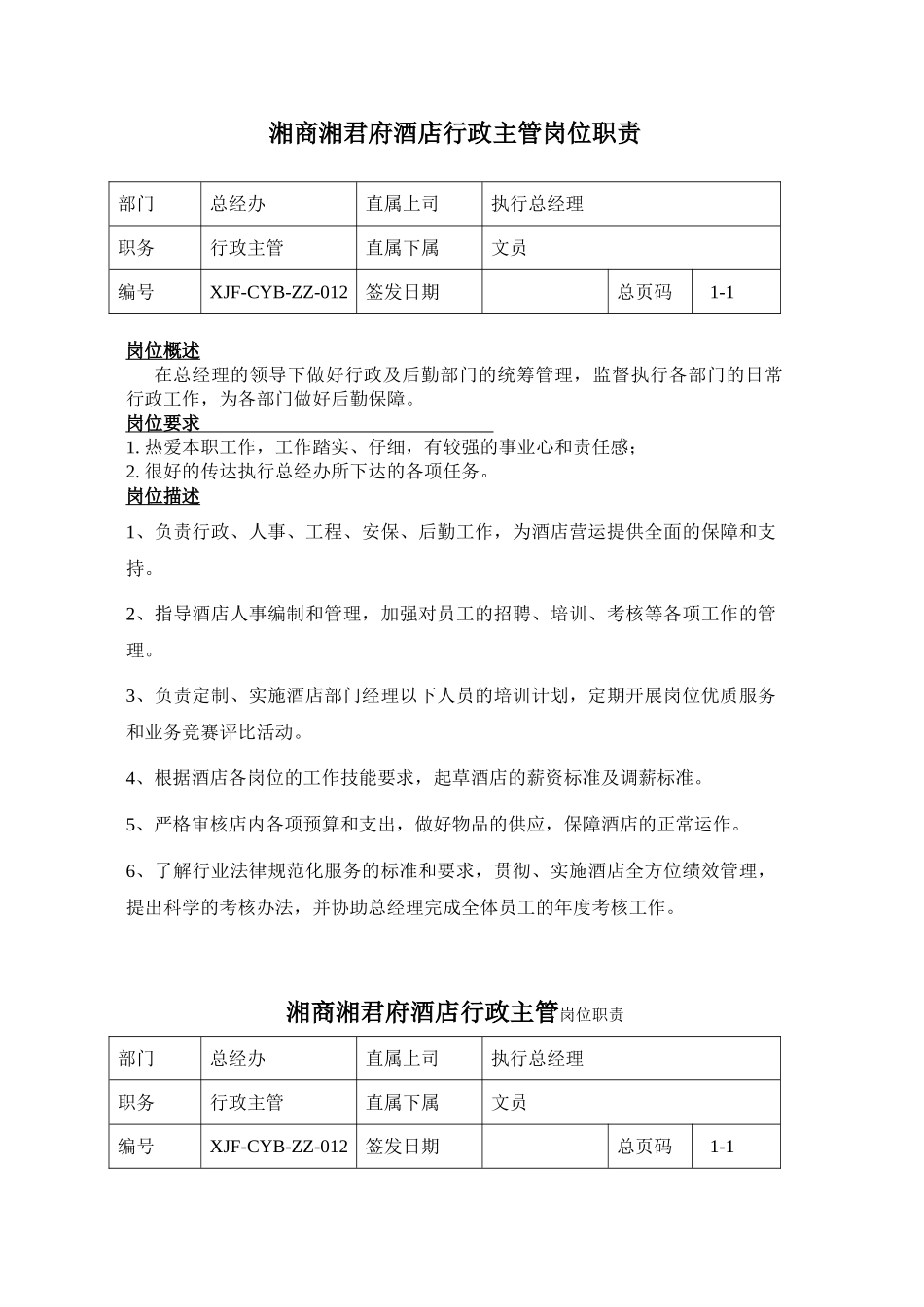 湘商湘君府酒店行政主管岗位职责012_第1页