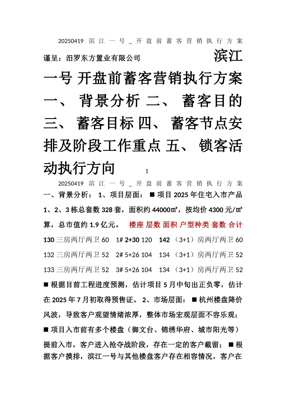 滨江一号开盘前蓄客营销执行方案_第1页