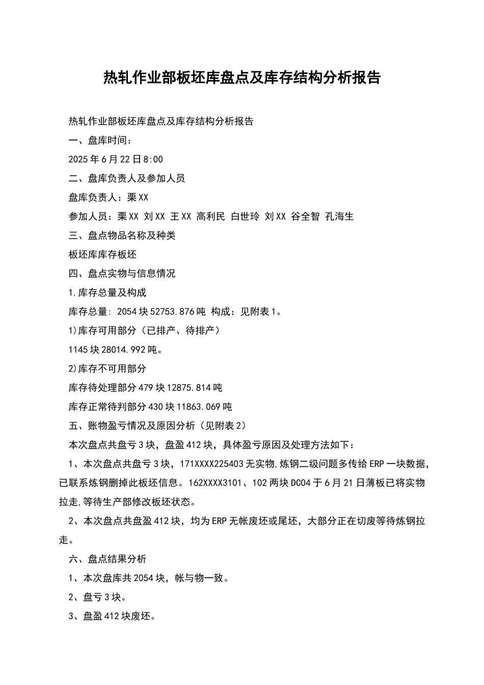 热轧作业部板坯库盘点及库存结构分析报告_第1页