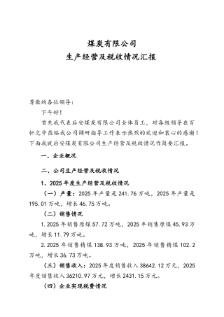 煤炭有限公司生产经营及税收情况汇报
