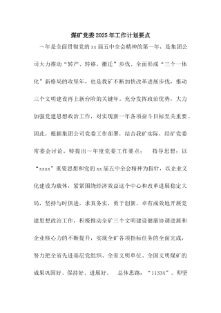 煤矿党委2025年工作计划要点