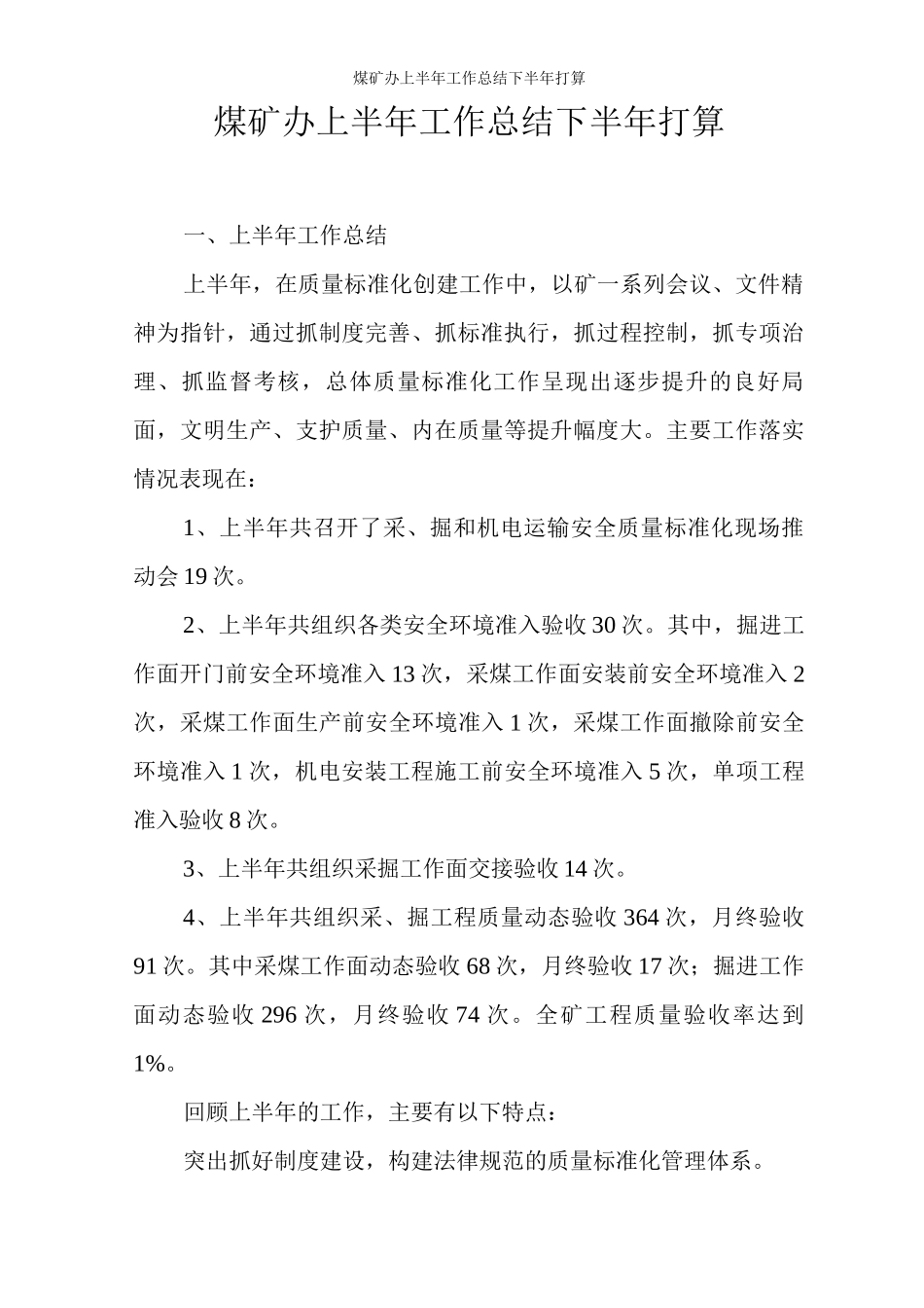 煤矿办上半年工作总结下半年打算_第1页