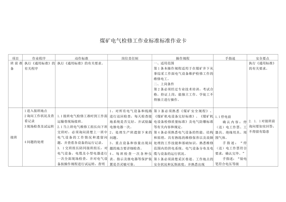 煤矿电气检修工作业标准标准作业卡_第1页