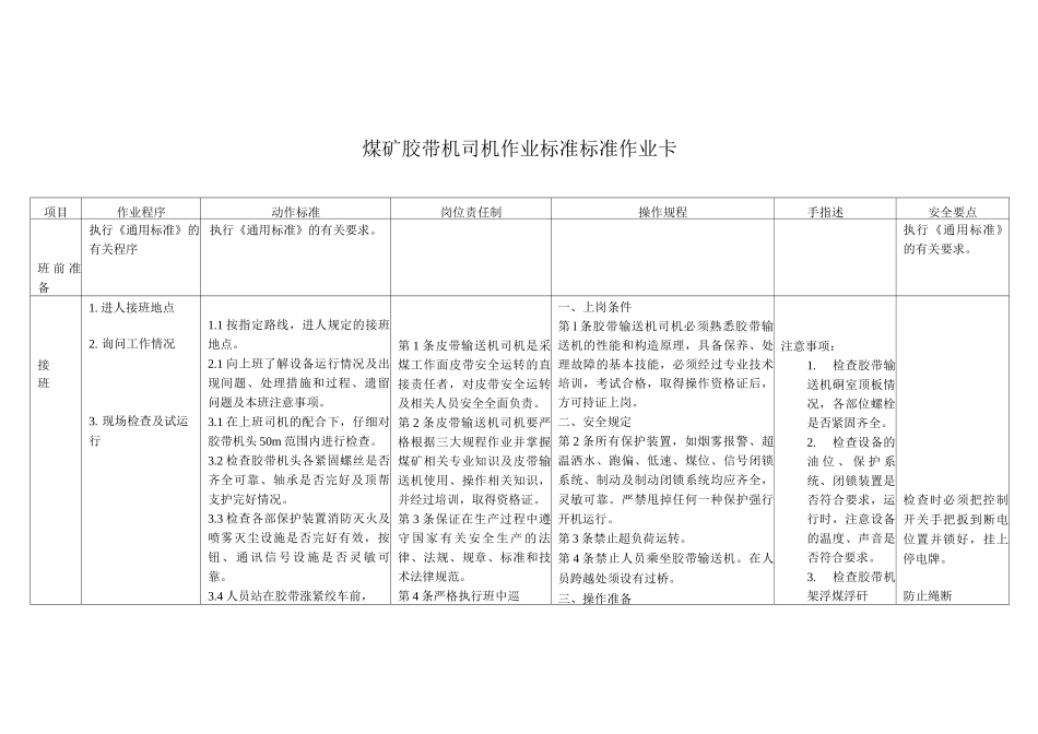 煤矿胶带机司机作业标准标准作业卡_第1页