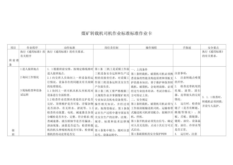 煤矿转载机司机作业标准标准作业卡_第1页