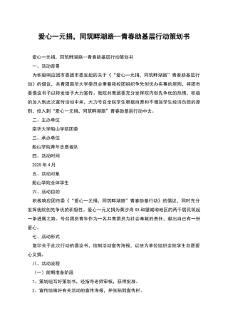 爱心一元捐-同筑畔湖路--青春助基层行动策划书