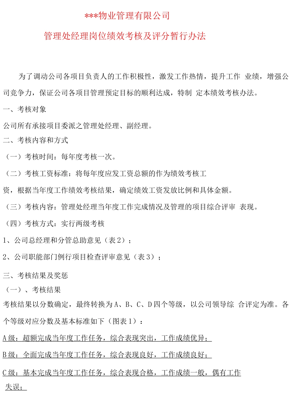 物业管理处经理岗位绩效考核内容及评分细则_第1页