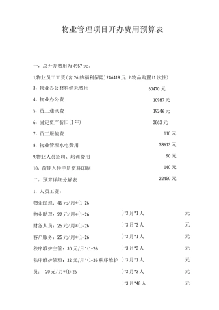 物业管理开办费用预算表
