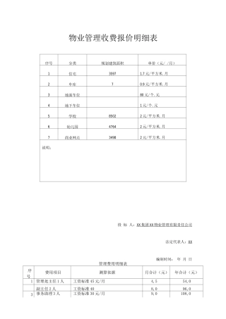物业管理收费报价明细表