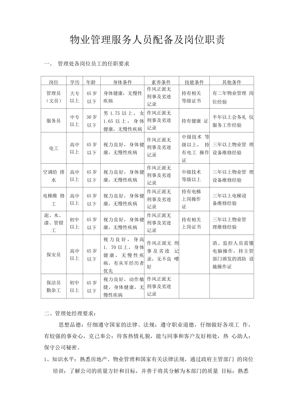 物业管理服务人员配备及岗位职责_第1页