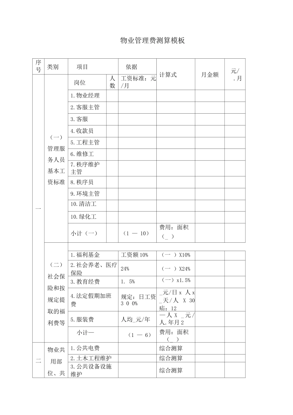 物业管理费测算模板_第1页