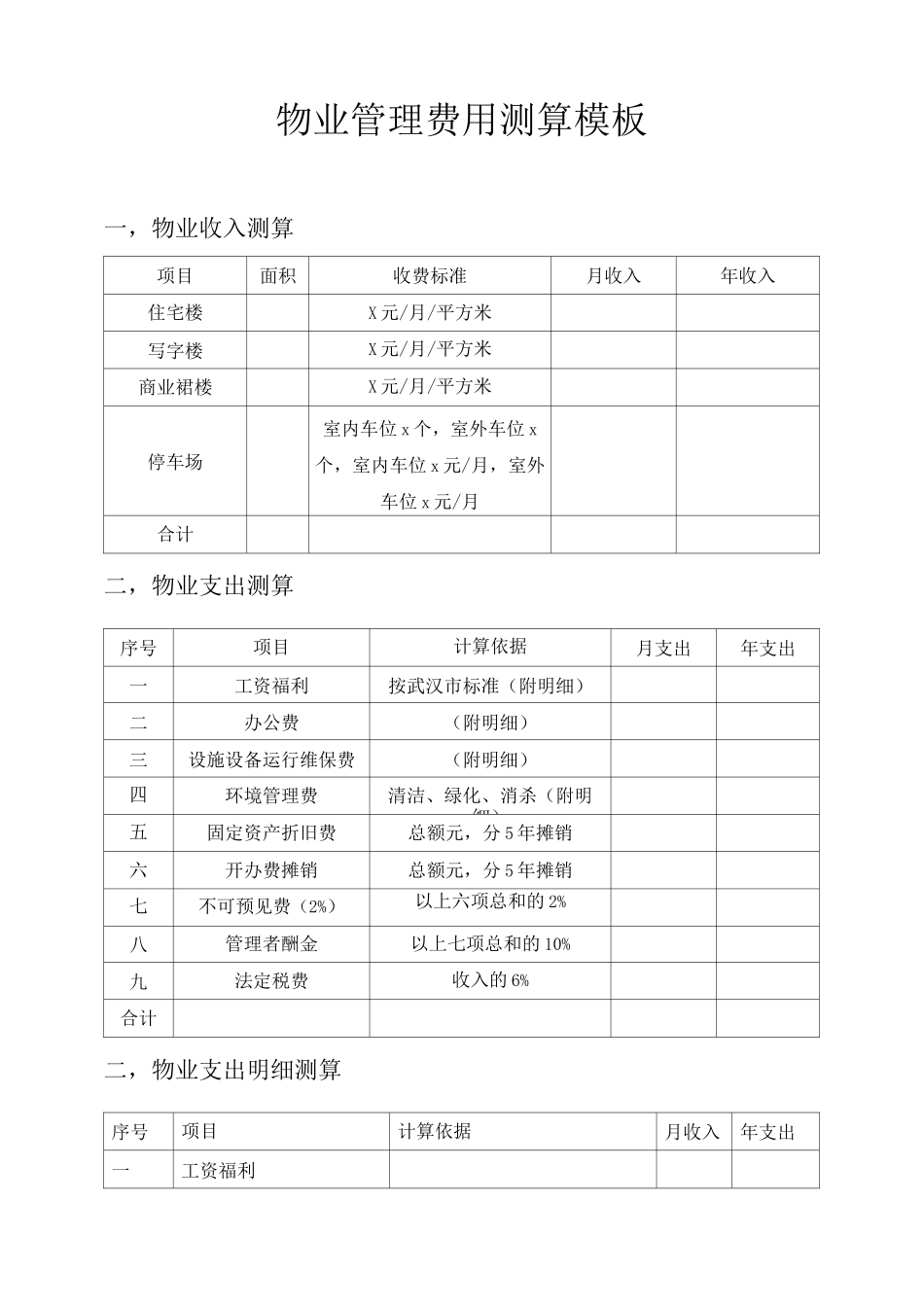 物业管理费用测算模板_第1页