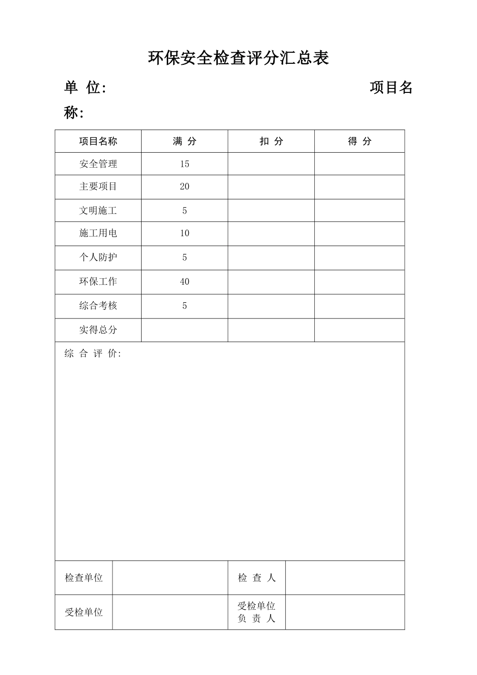 环保安全检查考核评分表_第1页