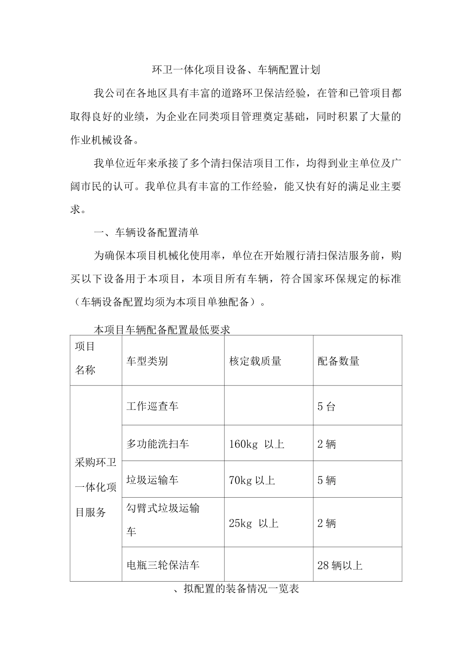 环卫一体化项目设备、车辆配置计划_第1页