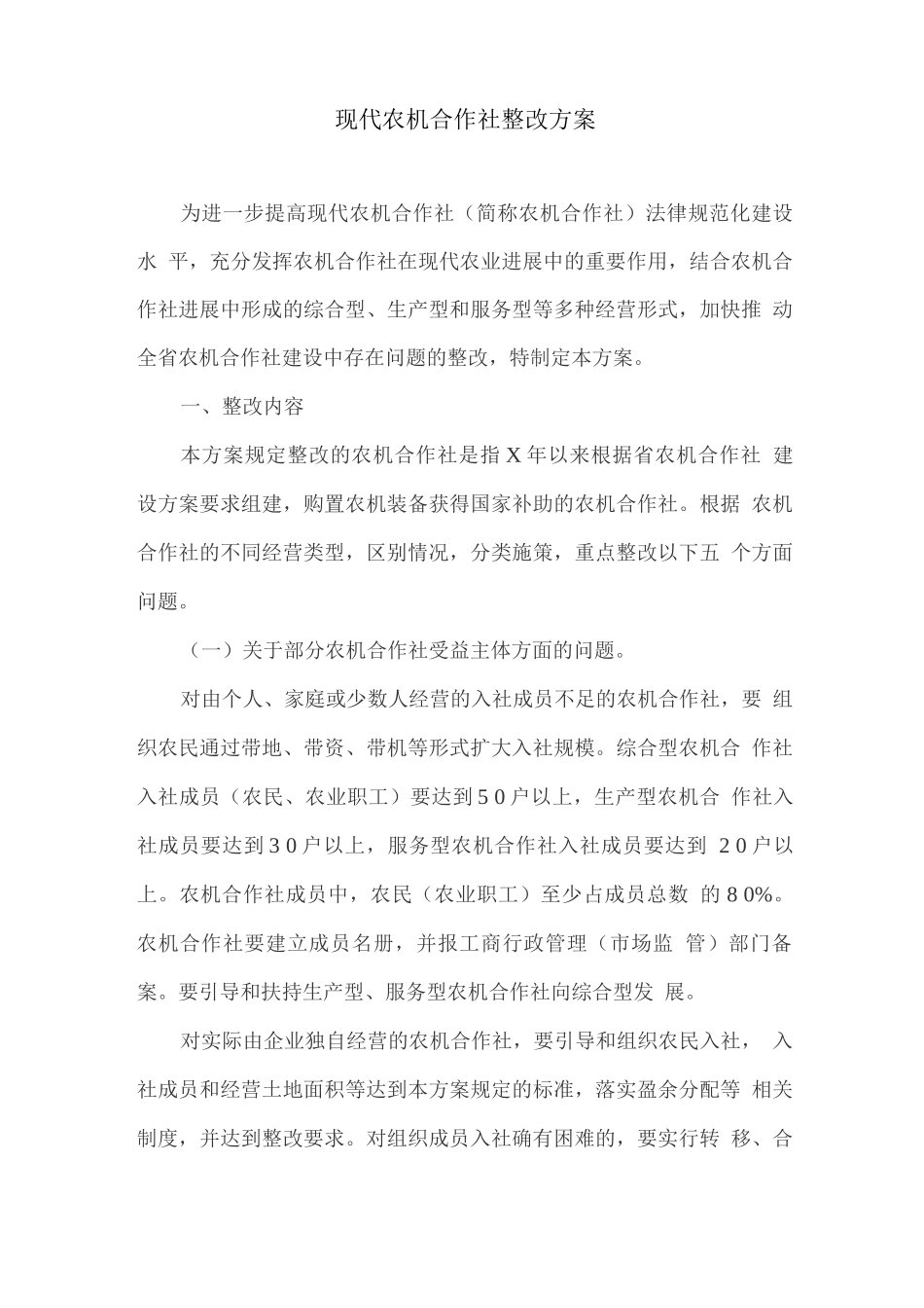现代农机合作社整改方案_第1页