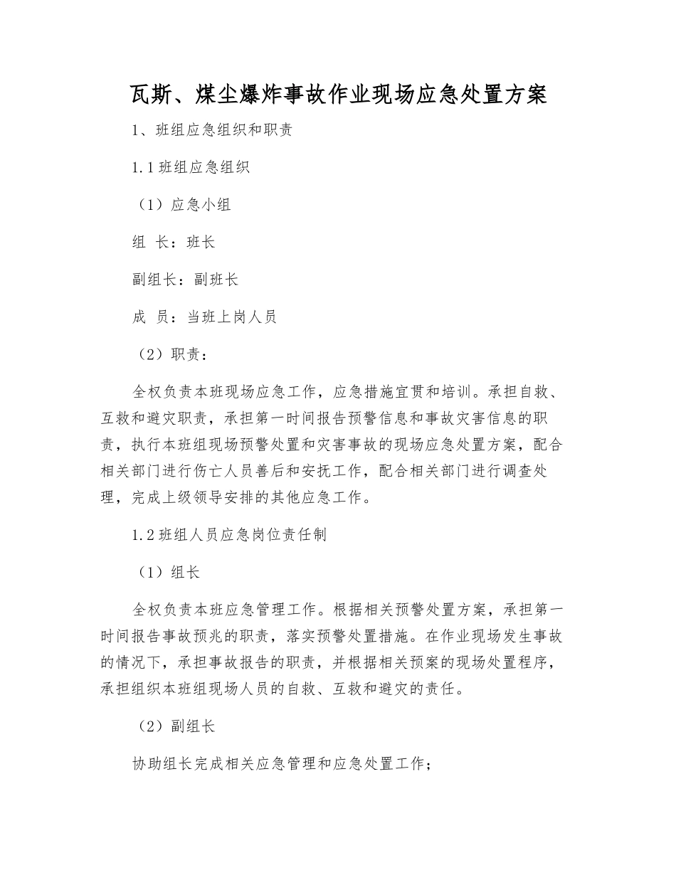 瓦斯、煤尘爆炸事故作业现场应急处置方案_第1页
