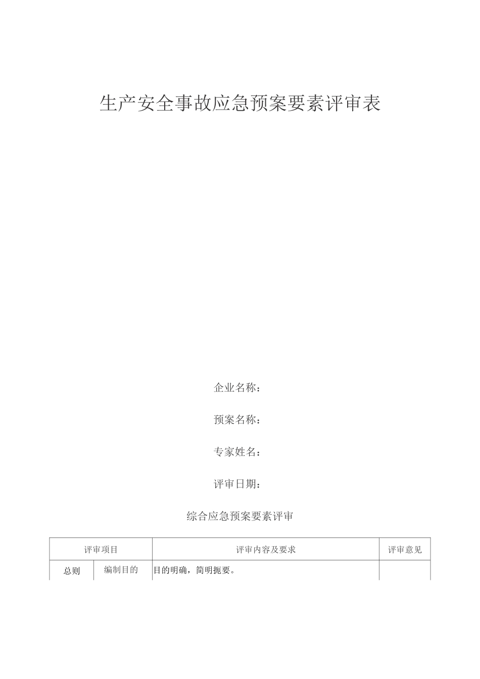 生产安全事故应急预案要素评审表_第1页