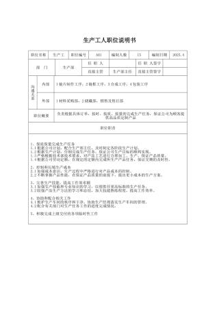 生产工人岗位说明书