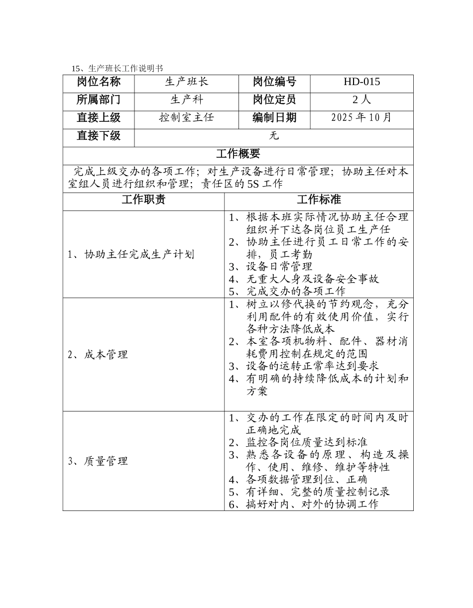 生产班长岗位工作说明书_第1页