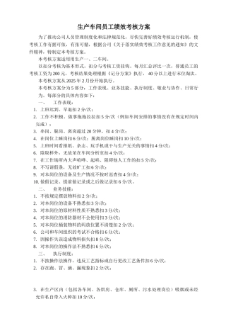 生产车间员工绩效考核方案