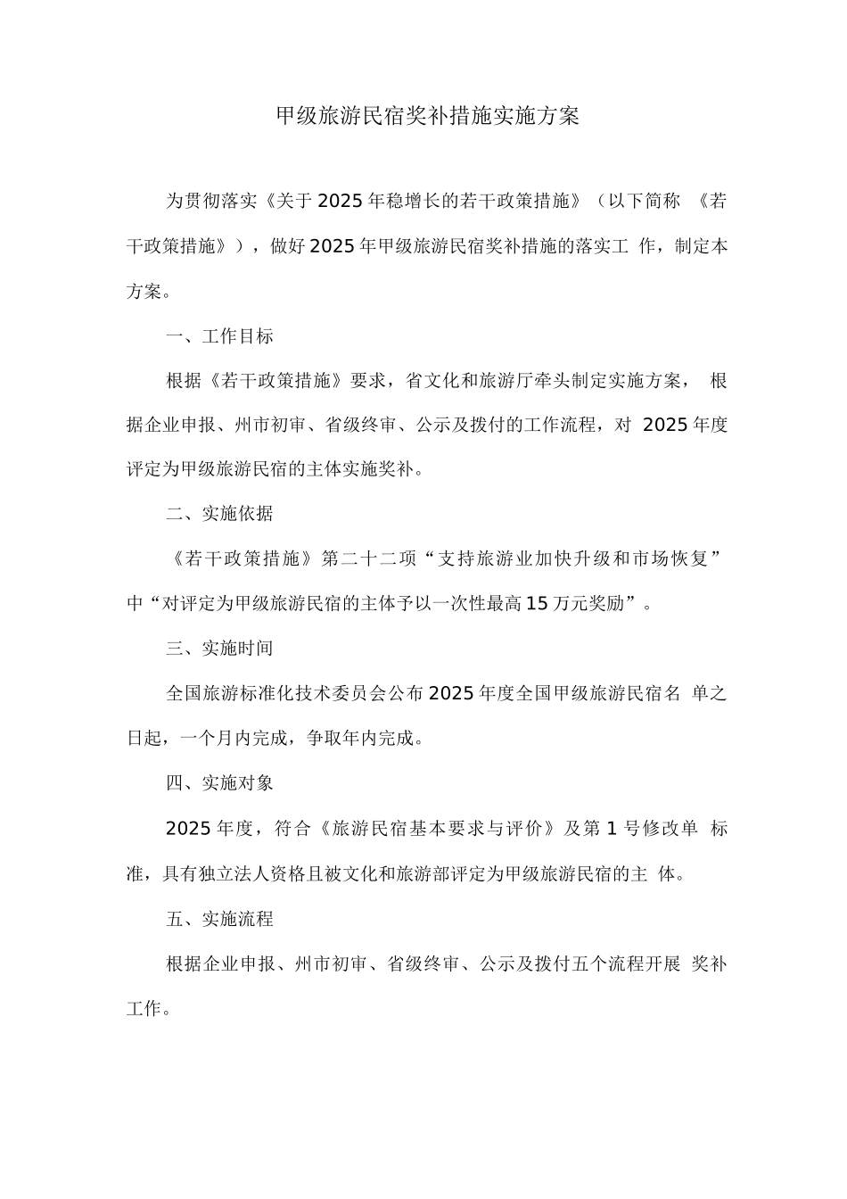 甲级旅游民宿奖补措施实施方案_第1页