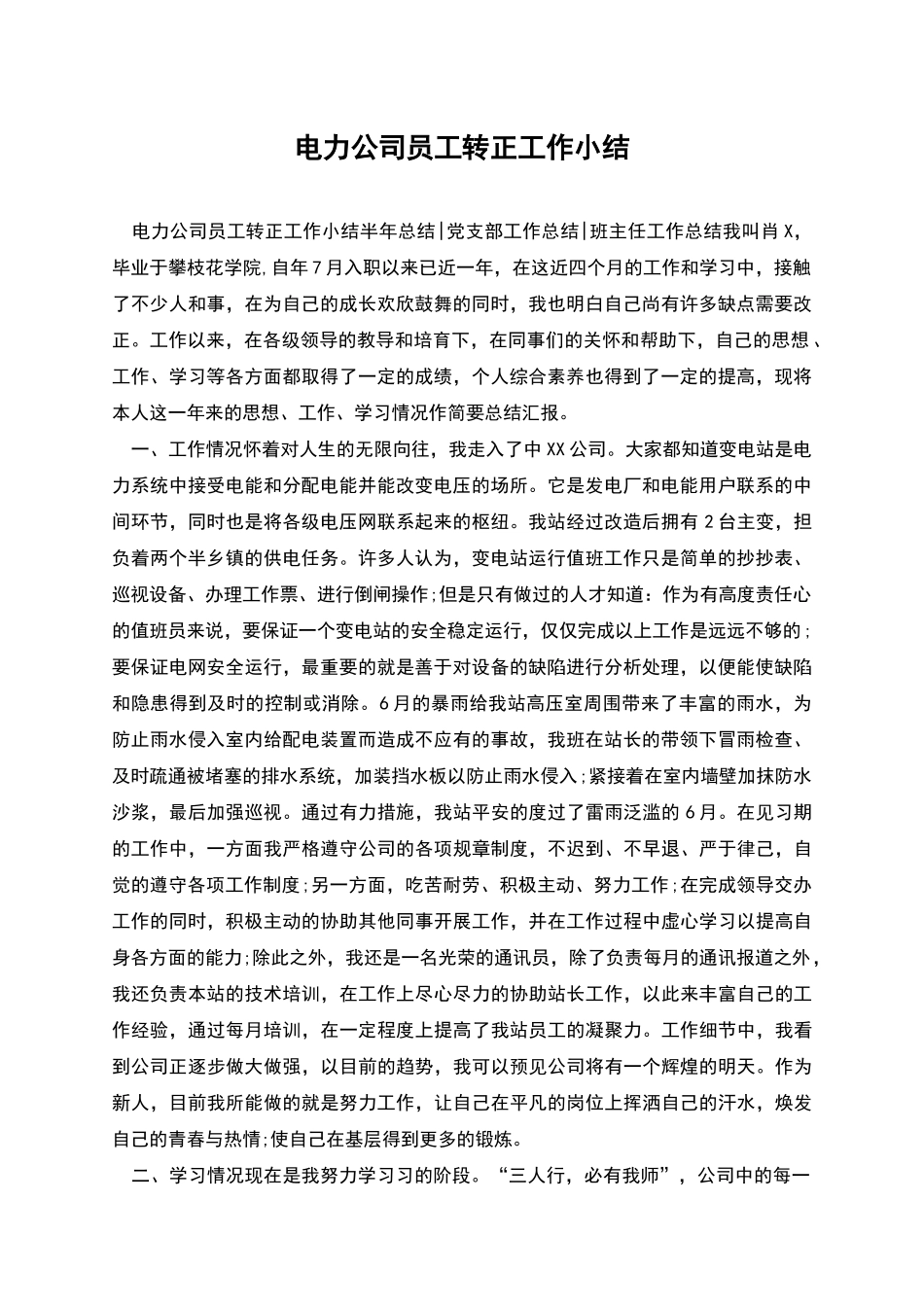 电力公司员工转正工作小结_第1页