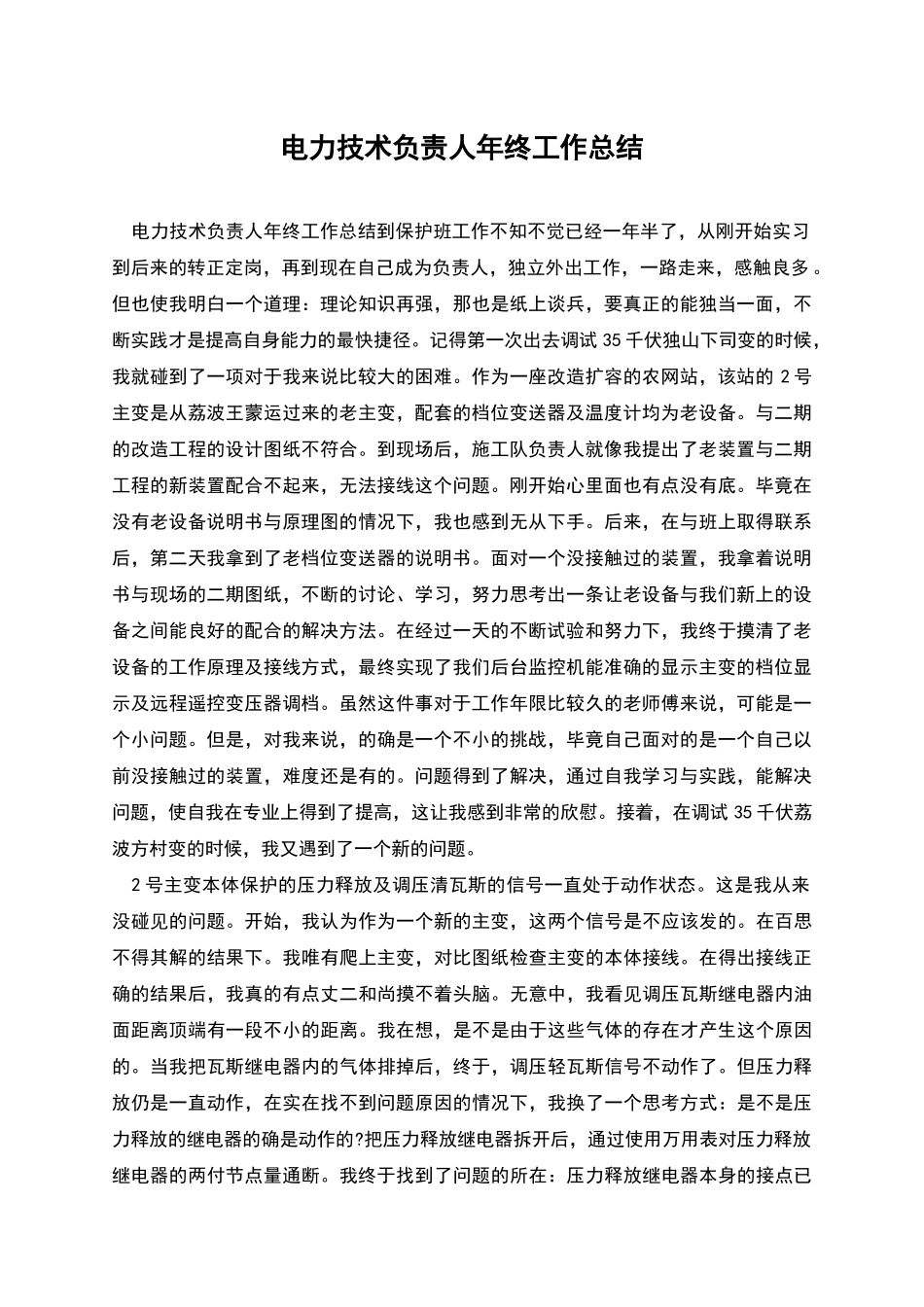 电力技术负责人年终工作总结_第1页