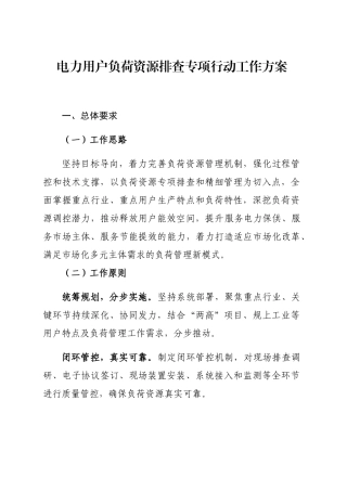 电力用户负荷资源排查专项行动工作方案