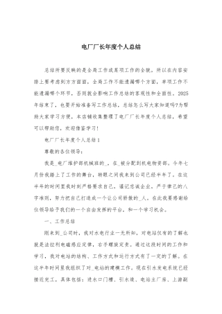 电厂厂长年度个人总结