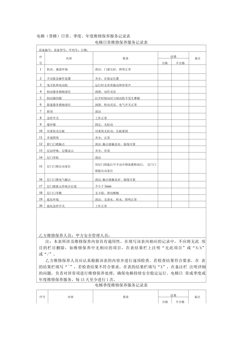 电梯货梯杂物货梯日常季度年度维修保养服务记录表维保记录_第1页