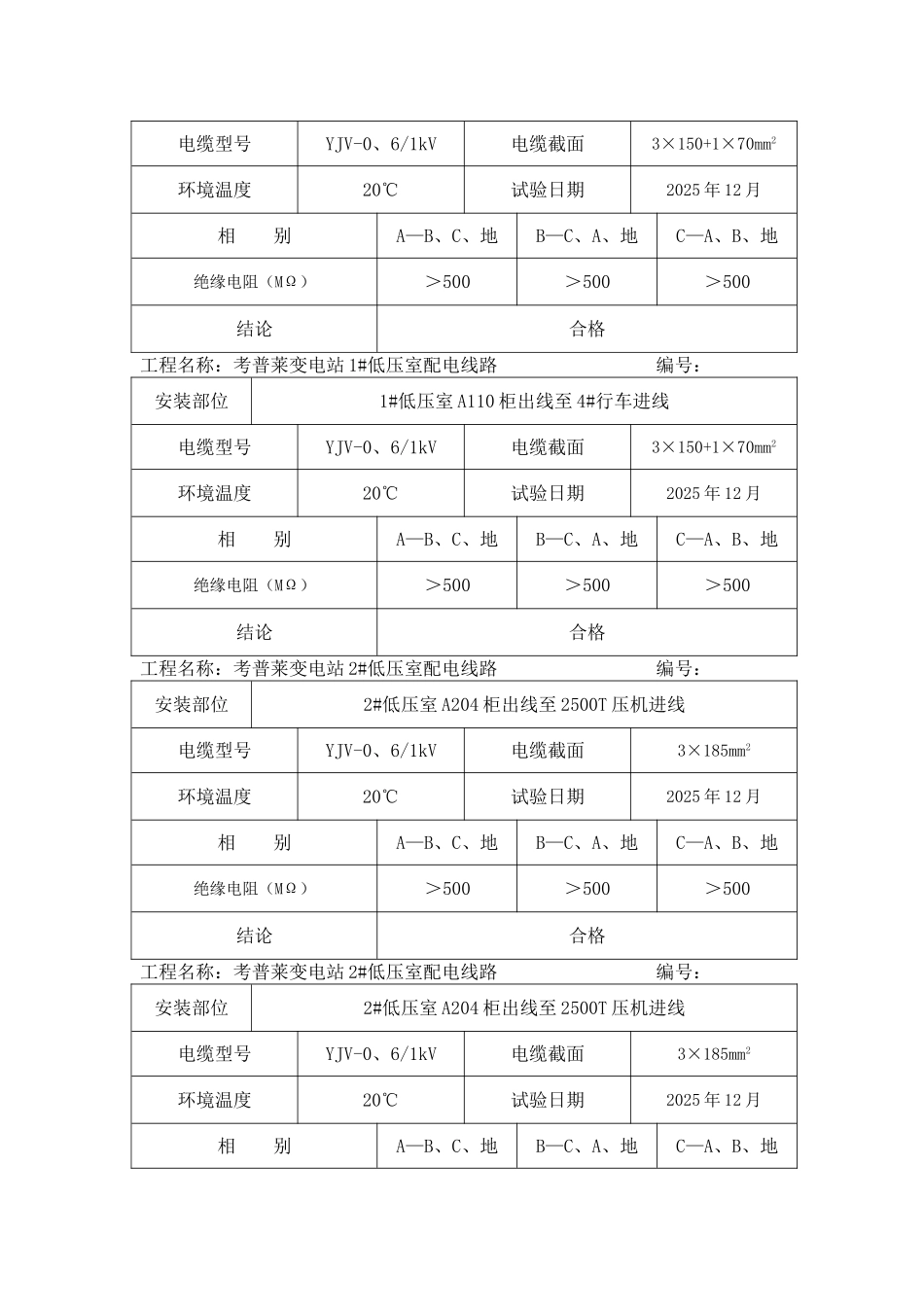 电缆试验报告-低压绝缘阻值试验_第2页