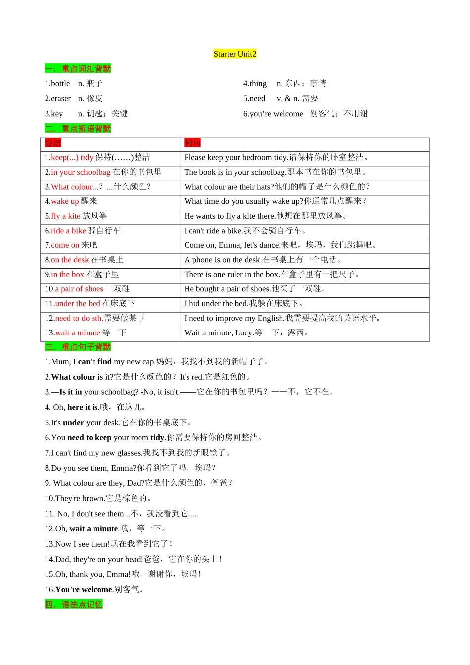 25秋新人教版英语七年级上册 Starter Unit1-3知识清单（背诵版）_第3页