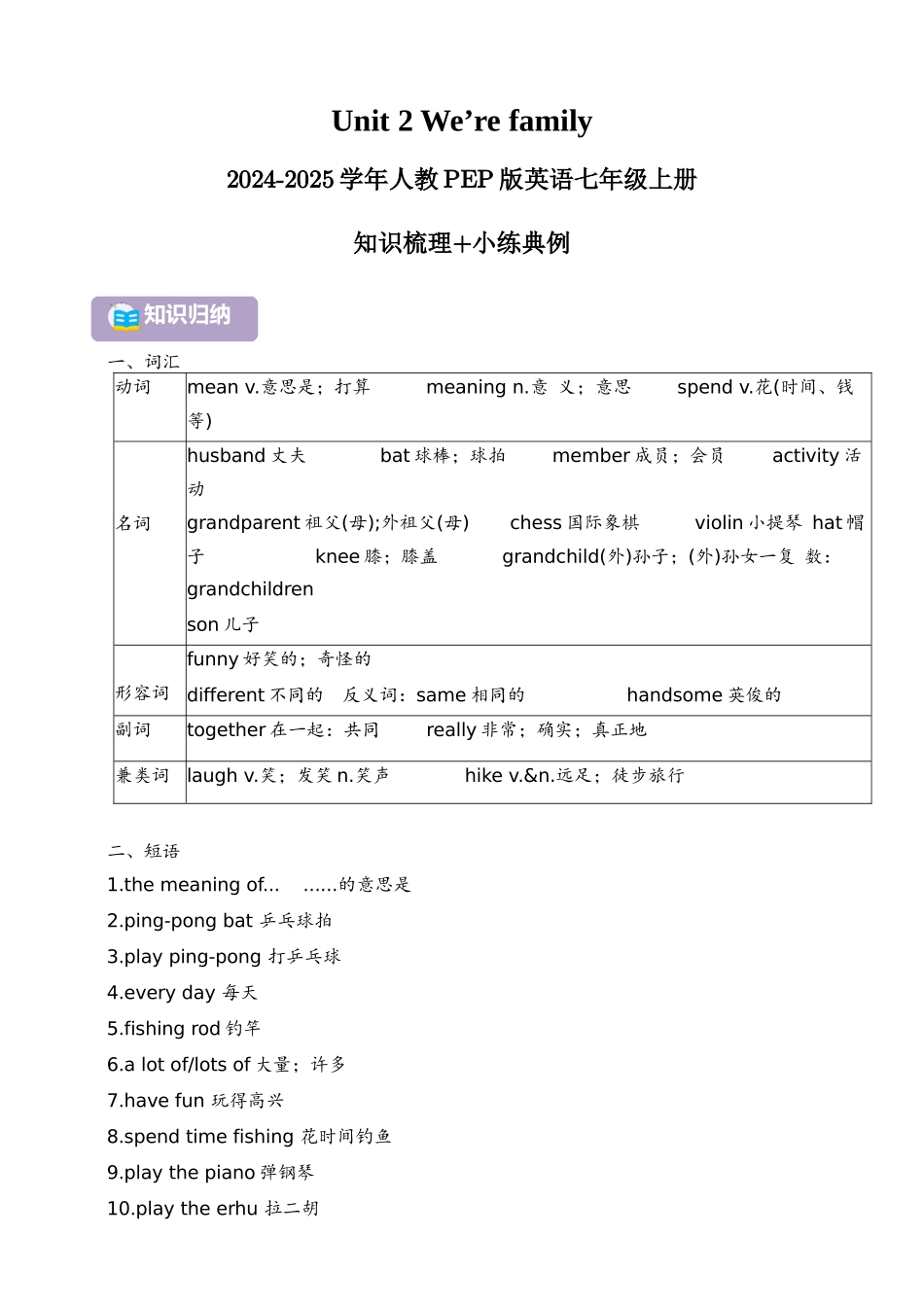 25秋新人教版英语七年级上册 Unit 2 We're family!（知识梳理+小练典例） _第1页