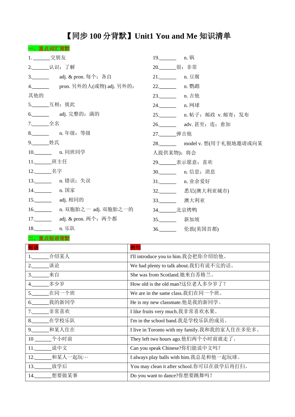 25秋新人教版英语七年级上册 Unit1 You and Me 知识清单（默写版）_第1页