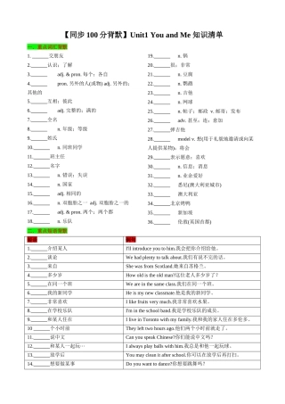 25秋新人教版英语七年级上册 Unit1 You and Me 知识清单（默写版）