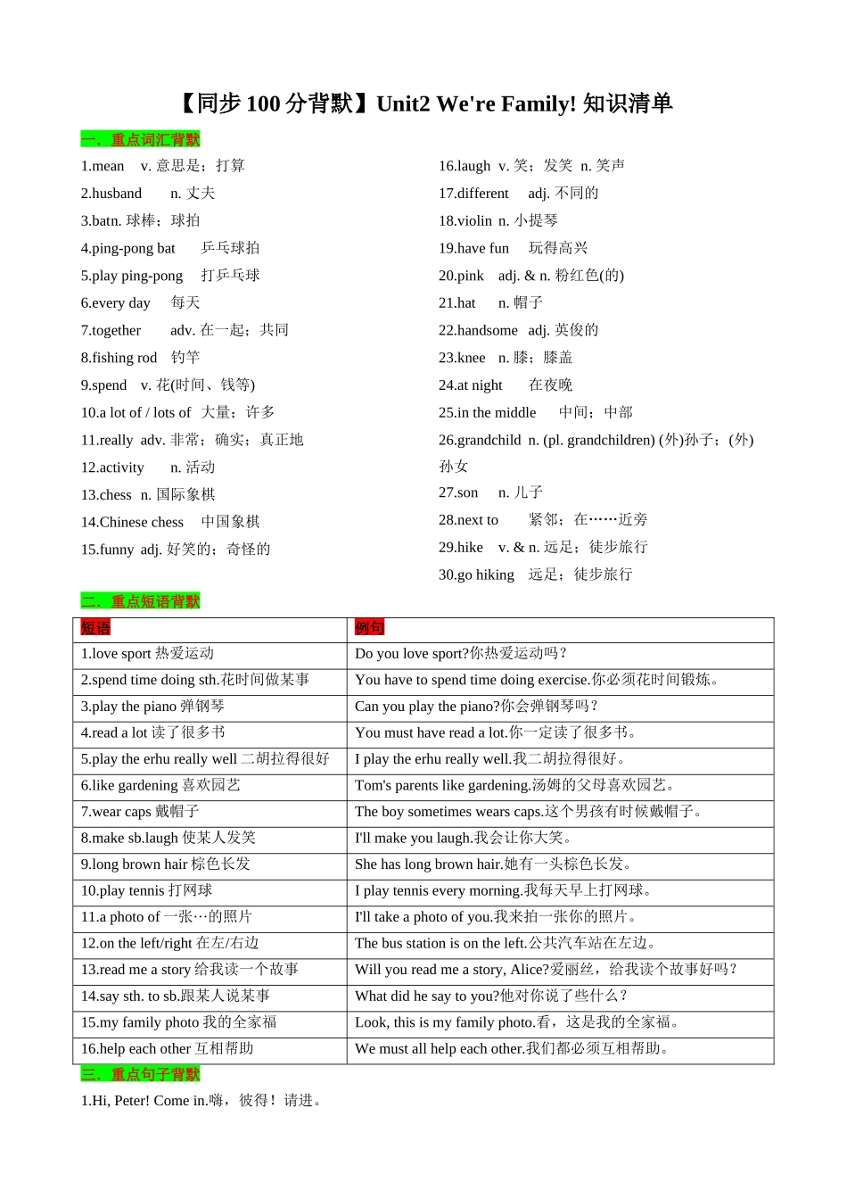 25秋新人教版英语七年级上册 Unit2 We're Family! 知识清单（背诵版）_第1页