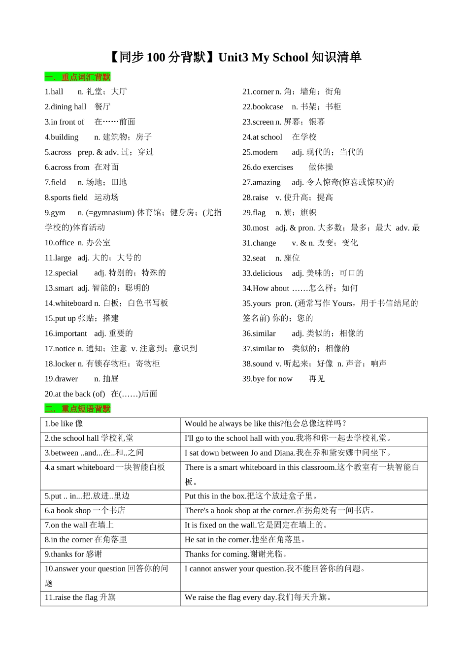 25秋新人教版英语七年级上册 Unit3 My School 知识清单（背诵版）_第1页