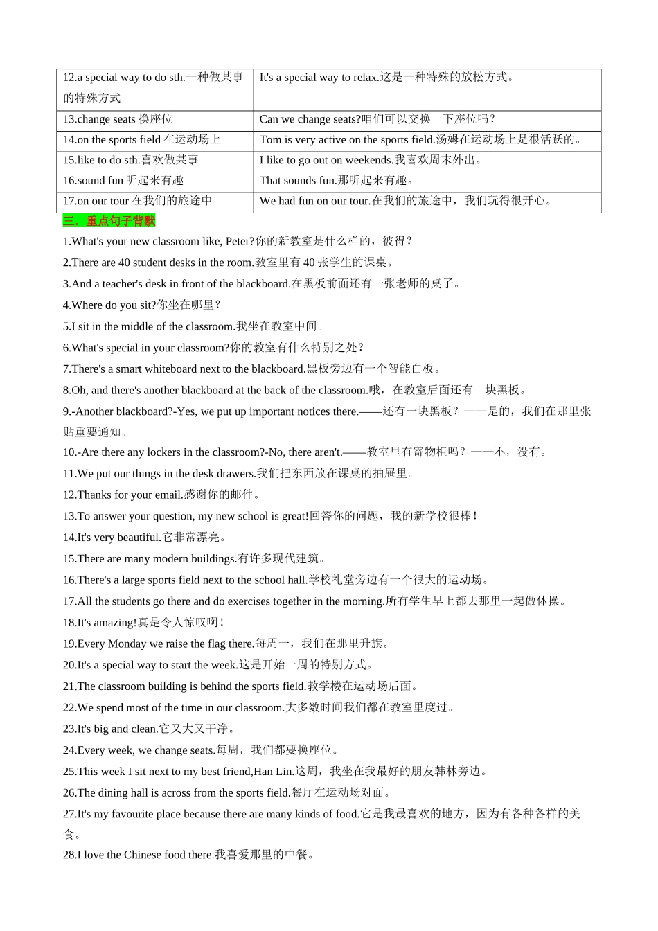 25秋新人教版英语七年级上册 Unit3 My School 知识清单（背诵版）_第2页