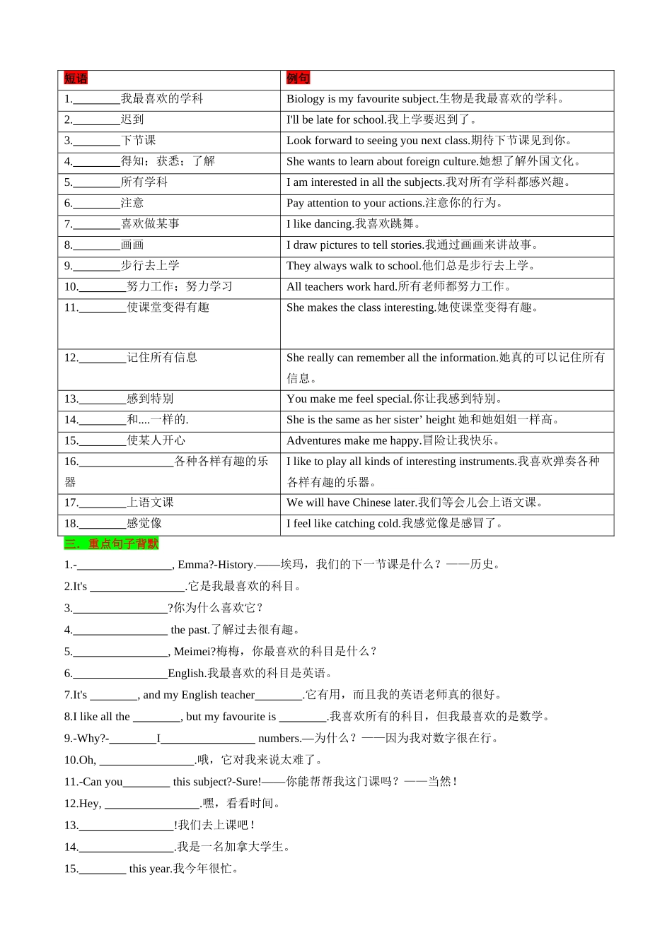 25秋新人教版英语七年级上册 Unit4 My Favourite Subject 知识清单（默写版）_第2页